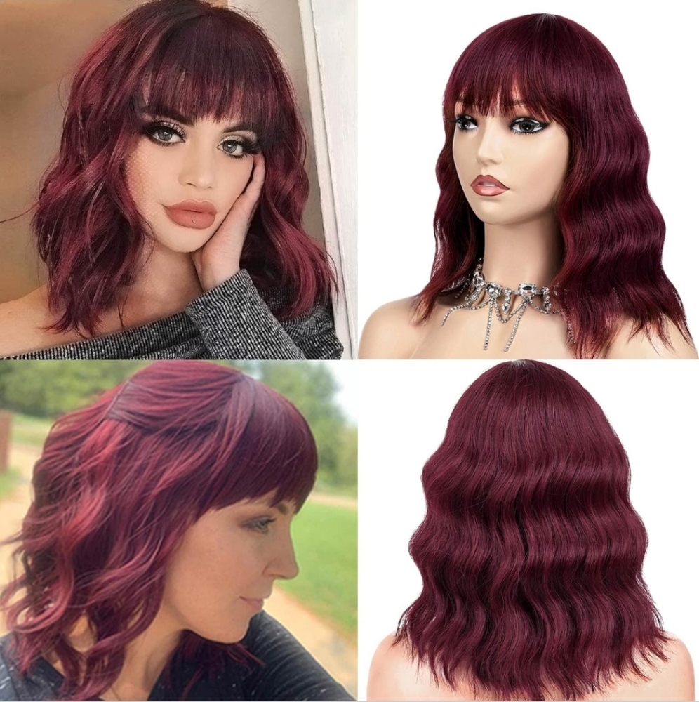 Short Wavy Wigs 14 Inch Curly Bob Wine Red Wig with Air Bangs
